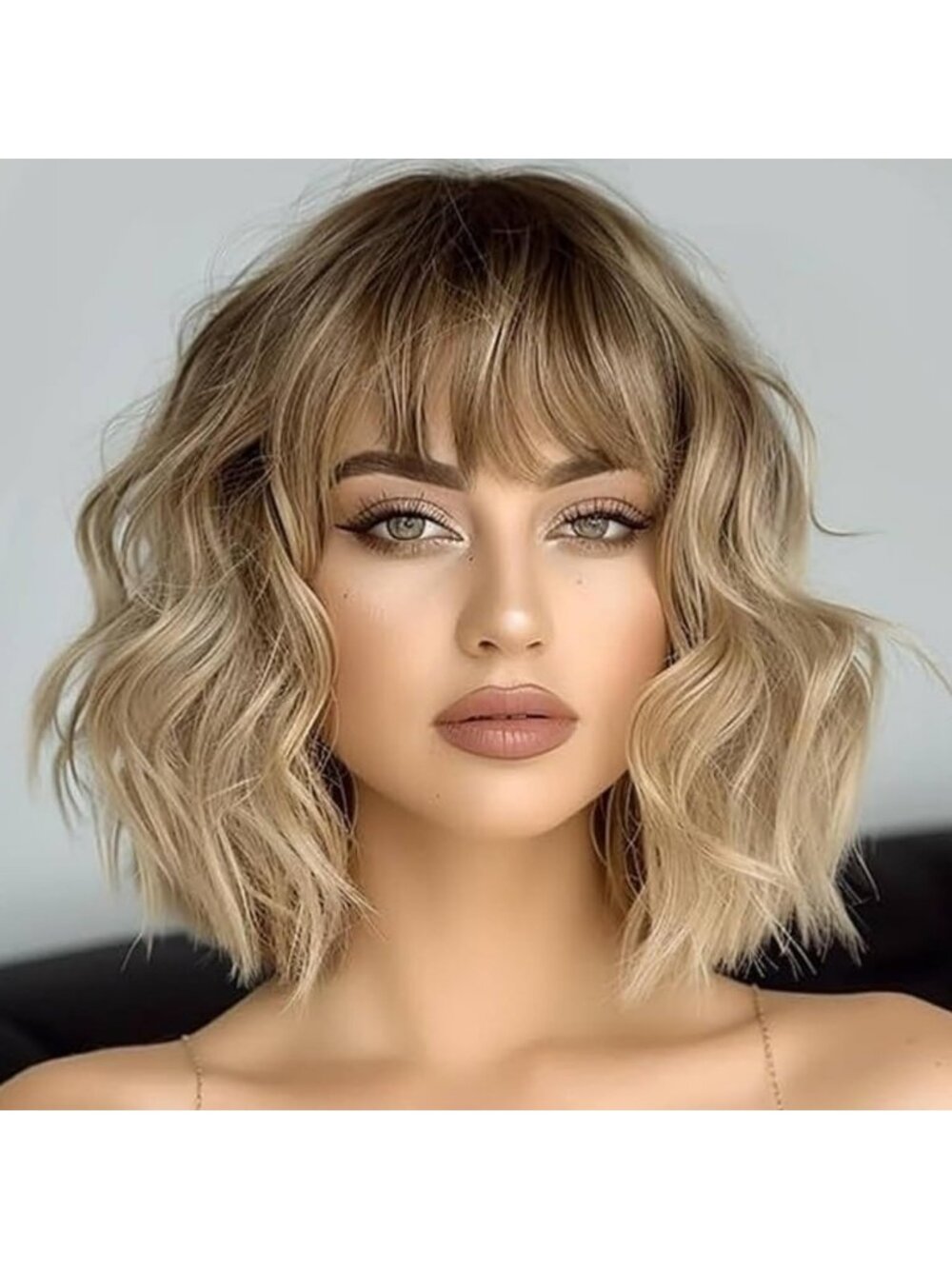 Women's Ombre Blonde Wig for Short Pastel Wavy Curly Bob with Bangs